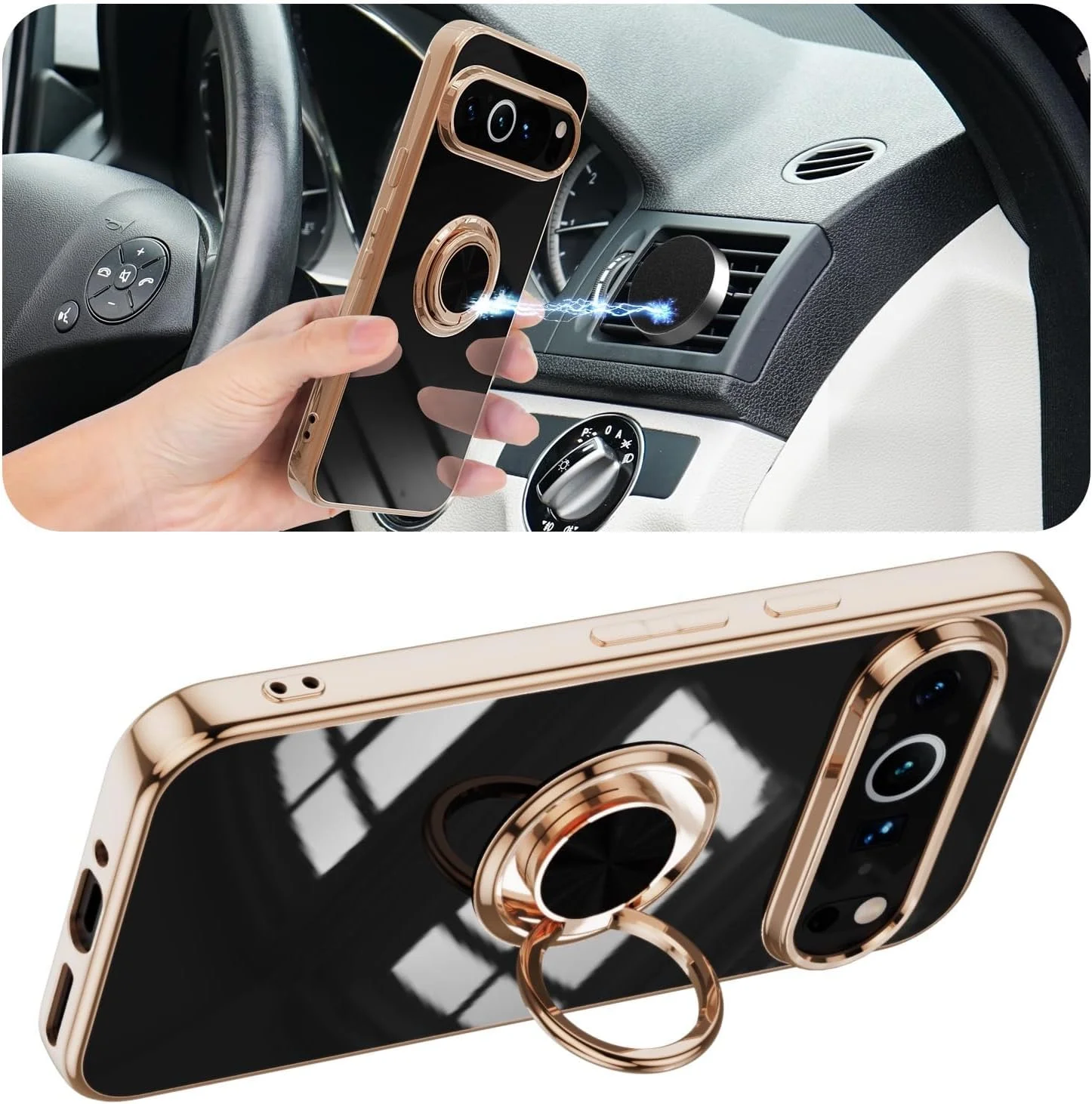 قاب محافظ گوشی گوگل پیکسل 9/ پیکسل 9 پرو/ پیکسل 9 پرو ایکس ال، محافظ لنز دوربین، استند نامرئی، قاب گوشی آبکاری شده شیک، طراحی لبه طلایی ممتاز، پوشش نرم ضد ضربه (گوگل پیکسل 9/9 پرو، مشکی)