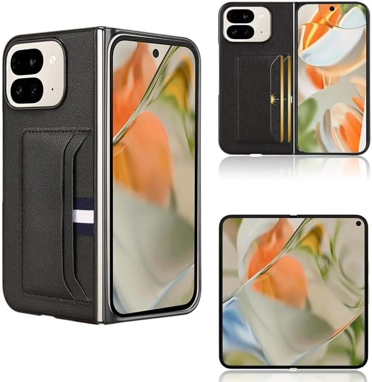 کاور تاشو چرمی مناسب برای گوگل پیکسل 9 پرو فولد، دارای جای کارت، لمس راحت، فوق العاده سبک و نازک، ضد ضربه، مشکی