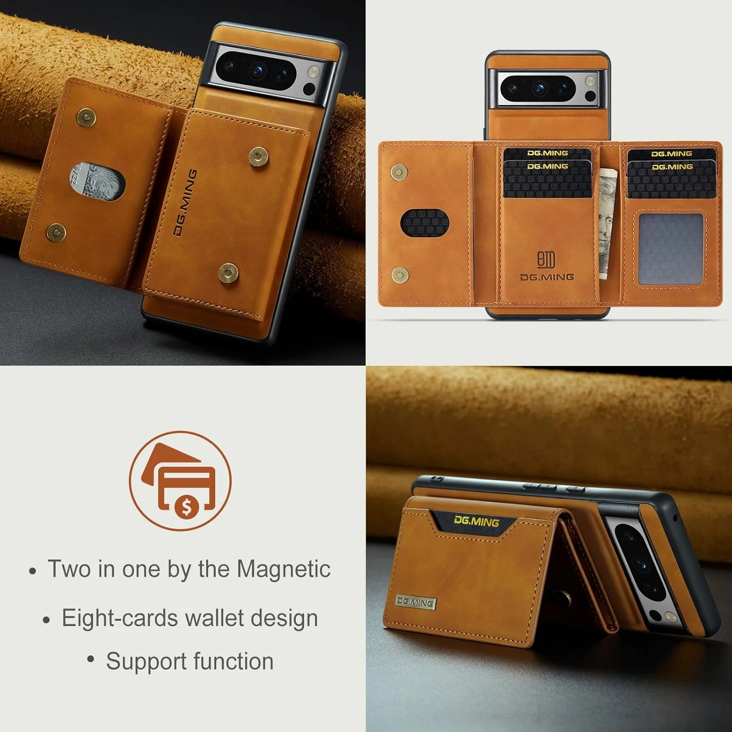 کاور چرمی قهوه ای رنگ پوچن برای گوشی گوگل پیکسل 8 پرو، با قابلیت جدا شدن به عنوان کیف پول و جای کارت اعتباری و پول نقد، دارای آهنربای قوی و پشتیبانی از شارژ بی سیم و استند