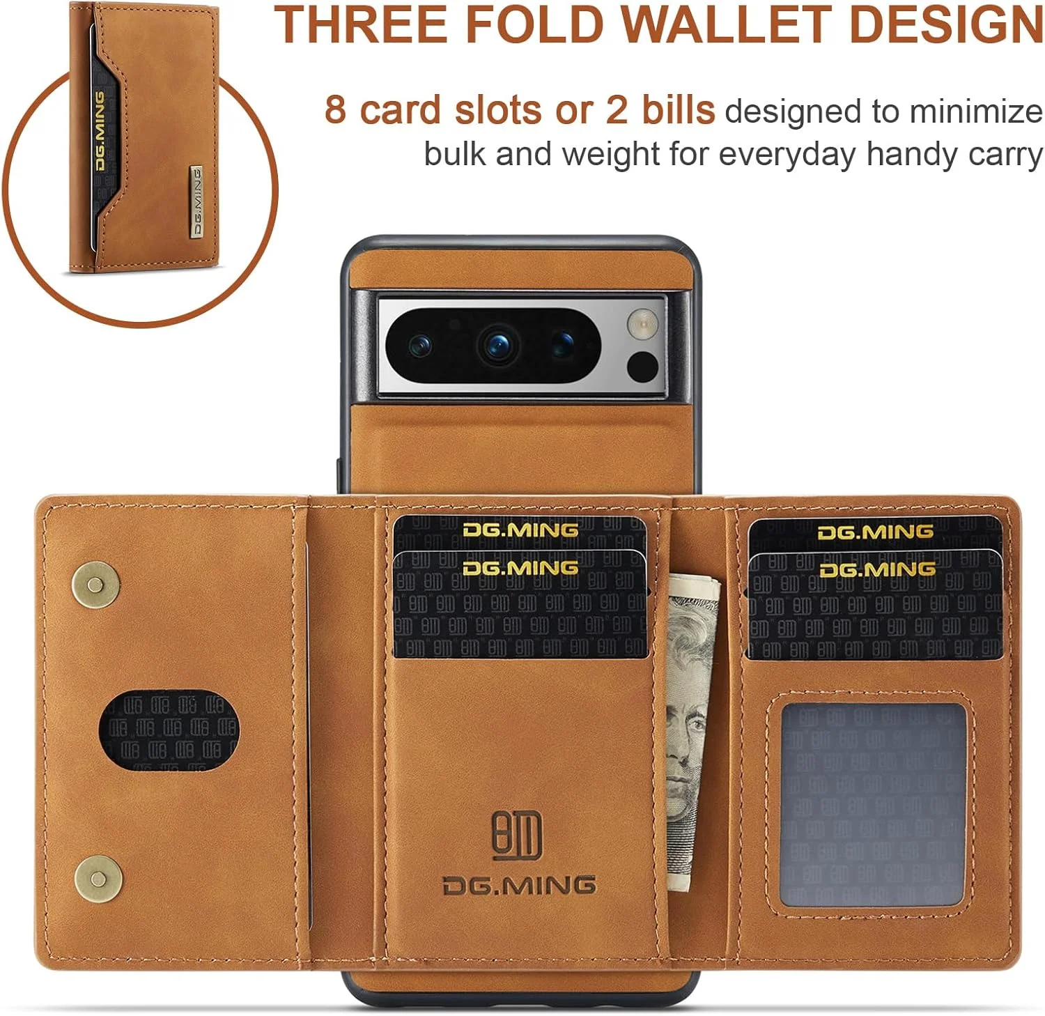 کاور چرمی قهوه ای رنگ پوچن برای گوشی گوگل پیکسل 8 پرو، با قابلیت جدا شدن به عنوان کیف پول و جای کارت اعتباری و پول نقد، دارای آهنربای قوی و پشتیبانی از شارژ بی سیم و استند