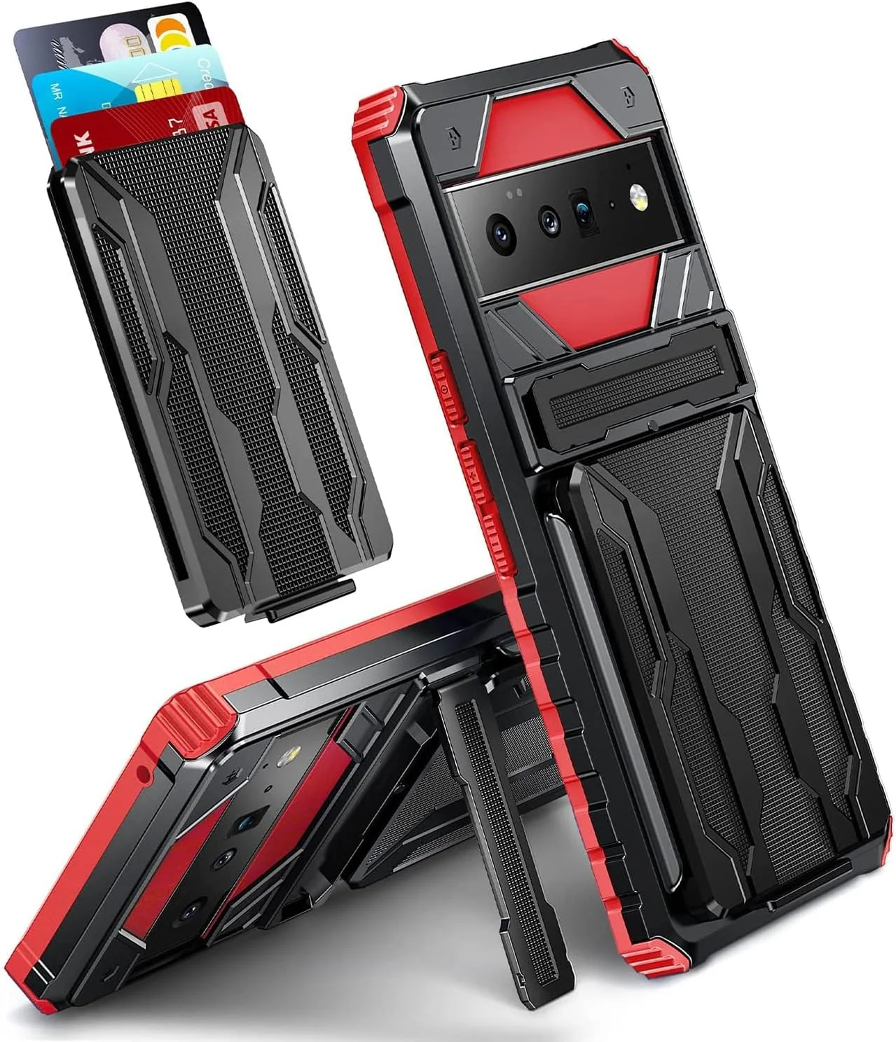 کیف پول محافظ گوشی پیکسل 6 پرو 6.7 اینچی، کاور TPU ضد ضربه با استند، جای کارت، محافظت درجه نظامی برای پیکسل 6 پرو - قرمز