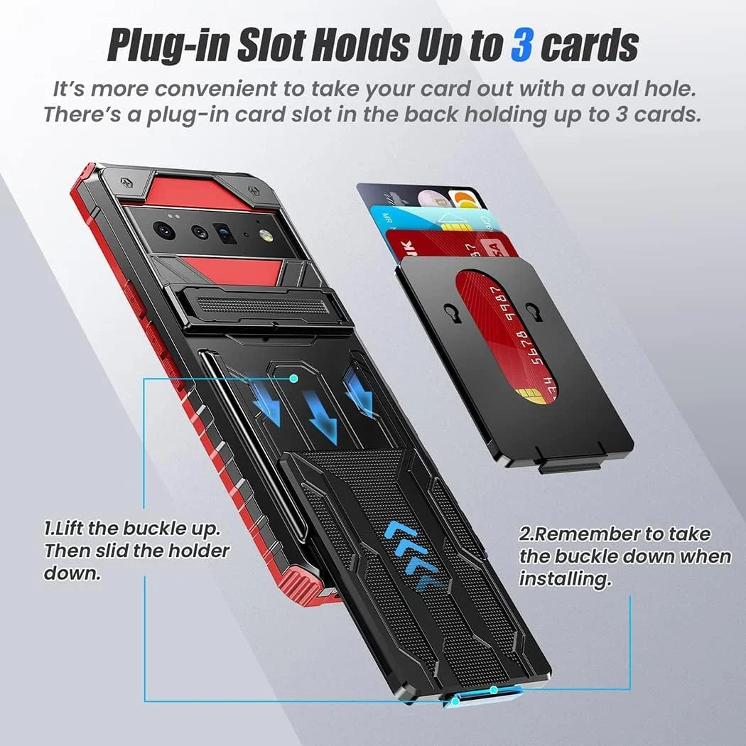 کیف پول محافظ گوشی پیکسل 6 پرو 6.7 اینچی، کاور TPU ضد ضربه با استند، جای کارت، محافظت درجه نظامی برای پیکسل 6 پرو - قرمز