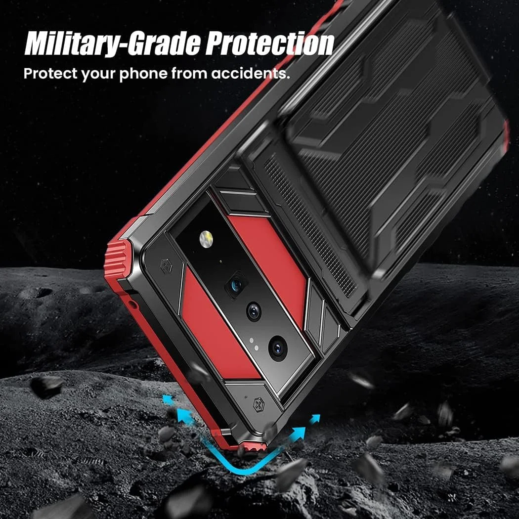 کیف پول محافظ گوشی پیکسل 6 پرو 6.7 اینچی، کاور TPU ضد ضربه با استند، جای کارت، محافظت درجه نظامی برای پیکسل 6 پرو - قرمز