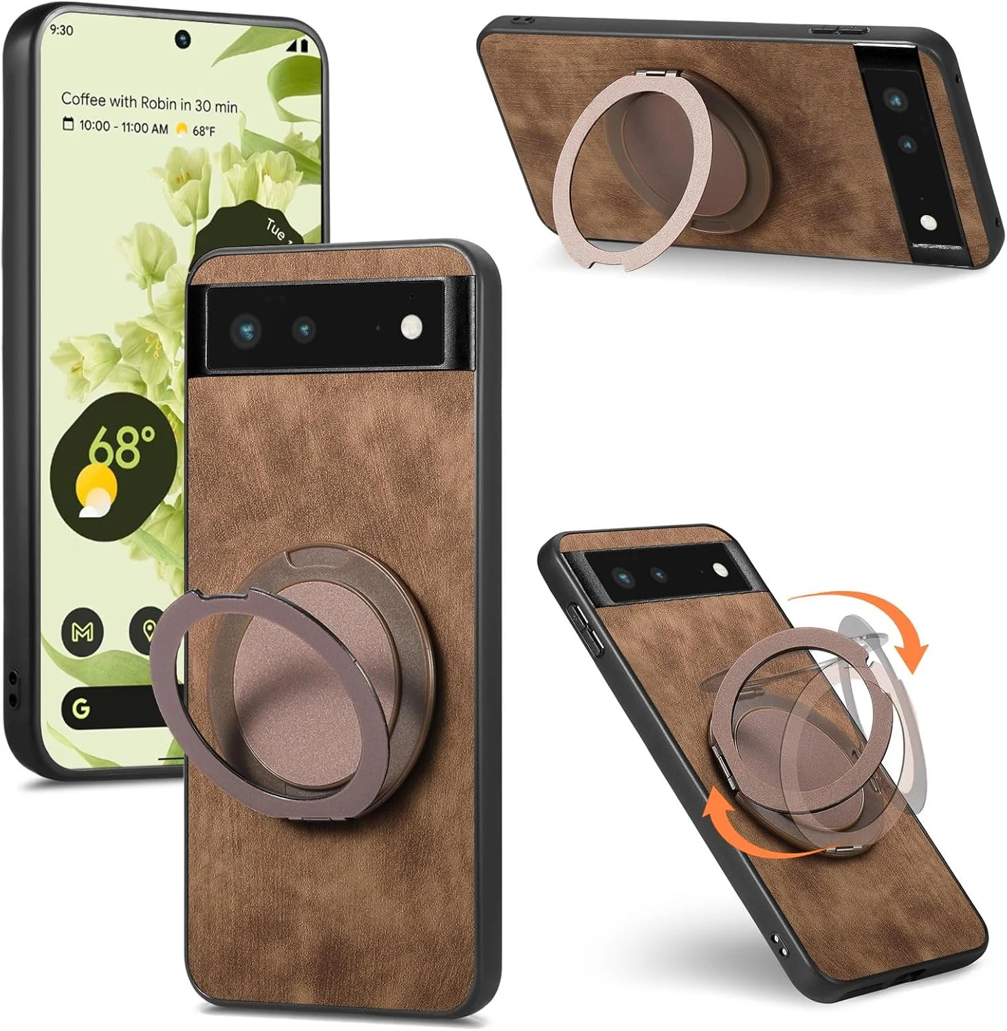 قاب محافظ سازگار با گوگل پیکسل 6 پرو، آهنربای داخلی [PC+TPU+PU] 3 در 1، پایه دو طرفه، ضد ضربه، رنگ قهوه ای