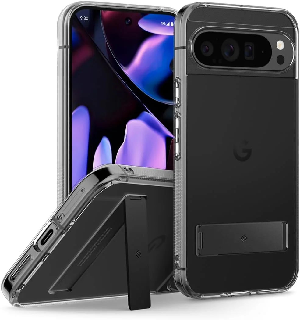 کاور محافظ Caseology Capella Kickstand برای گوشی گوگل پیکسل 9 پرو XL، دارای پایه داخلی، محافظت در برابر سقوط، دارای الگوهای گریپ جانبی - مشکی شفاف
