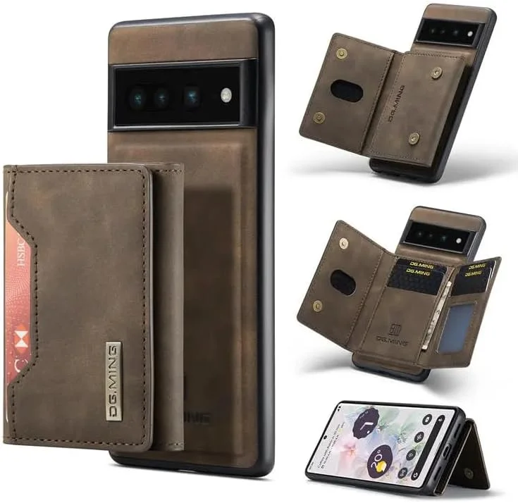 کیف پول جداشدنی 2 در 1 DM M2، کیف چرمی مصنوعی سه لایه با جای کارت، جیب زیپ دار، ضد ضربه مناسب گوشی گوگل. (قهوه ای، گوگل پیکسل 7 پرو)