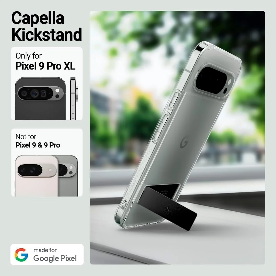 کاور محافظ Caseology Capella Kickstand برای گوشی گوگل پیکسل 9 پرو XL، دارای پایه داخلی، محافظت در برابر سقوط، دارای الگوهای گریپ جانبی - مشکی شفاف