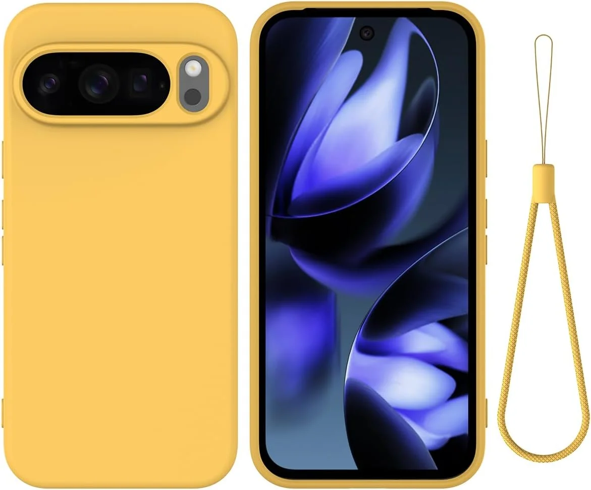 قاب سیلیکونی مایع Gruattreay سازگار با گوگل پیکسل 10 پرو XL، با آستر میکروفیبر، پوشش محافظ TPU ژله ای لاستیکی نرم و ضد ضربه به همراه بند گردنی (زرد)