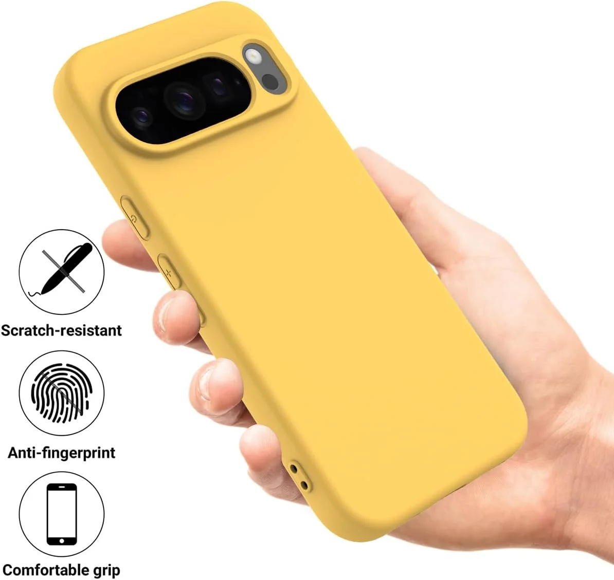 قاب سیلیکونی مایع Gruattreay سازگار با گوگل پیکسل 10 پرو XL، با آستر میکروفیبر، پوشش محافظ TPU ژله ای لاستیکی نرم و ضد ضربه به همراه بند گردنی (زرد)