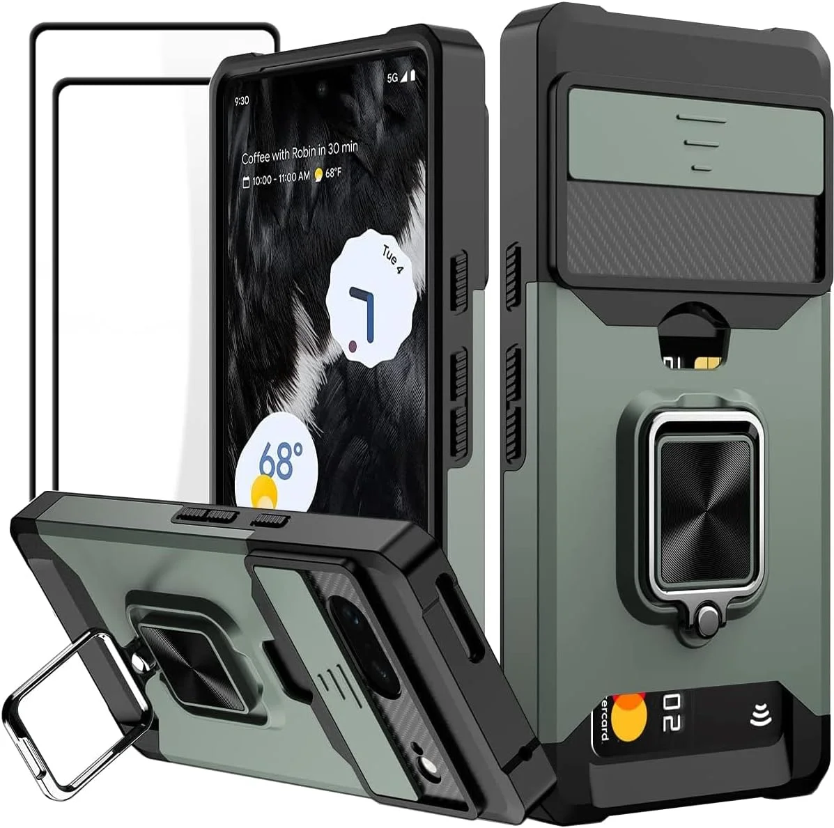 کاور محافظ گوشی گوگل پیکسل 7 پرو پوچن مدل [2+1] به همراه محافظ صفحه نمایش شیشه ای حرارت دیده (2 عدد)، دارای پوشش کشویی دوربین، مقاوم در برابر ضربه با قابلیت نگهداری کارت و استند مغناطیسی - سبز