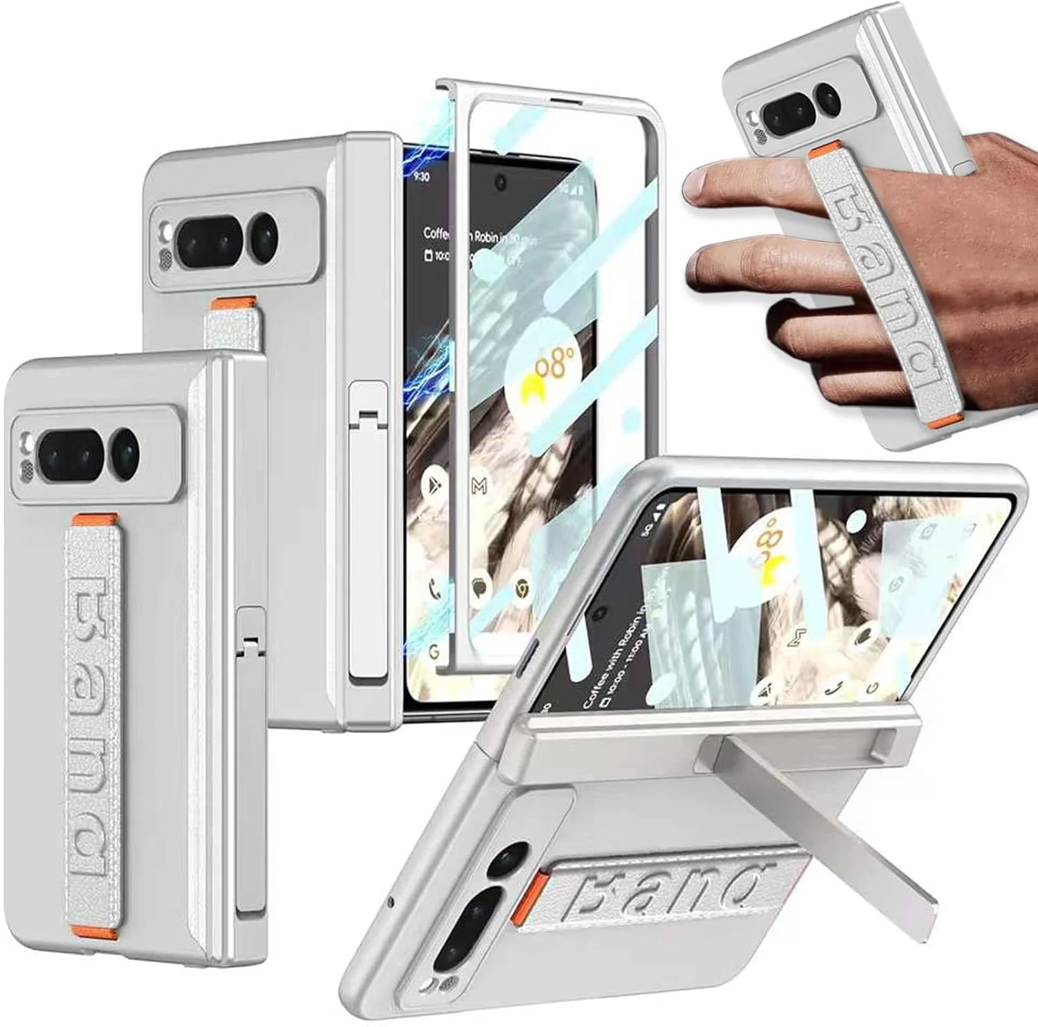 قاب گوشی تریفی سازگار با گوگل پیکسل فولد، قاب مغناطیسی با محافظ صفحه نمایش و بند دستی، پوشش مات سخت نقره ای مقاوم در برابر ضربه، با پایه داخلی، برای قاب پیکسل فولد