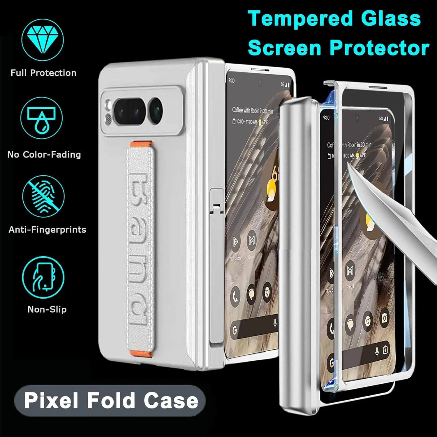قاب گوشی تریفی سازگار با گوگل پیکسل فولد، قاب مغناطیسی با محافظ صفحه نمایش و بند دستی، پوشش مات سخت نقره ای مقاوم در برابر ضربه، با پایه داخلی، برای قاب پیکسل فولد