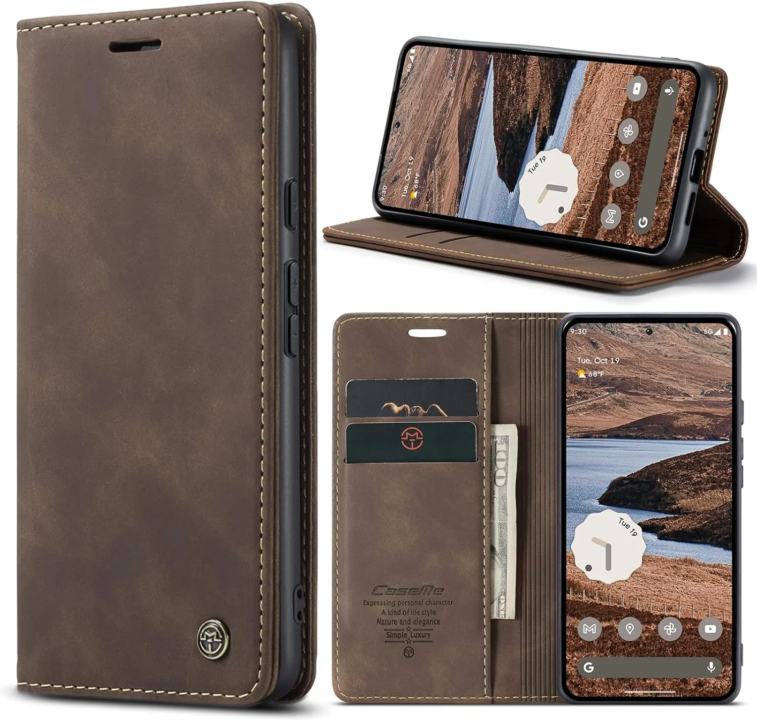 کیف پول چرمی برای گوگل پیکسل 10 پرو XL با جای کارت، پایه تاشو، بست مغناطیسی محافظ ضد ضربه - قهوه ای
