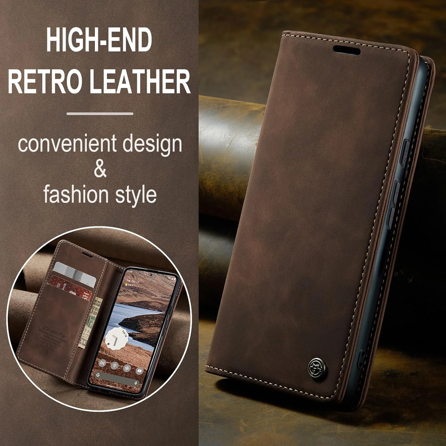 کیف پول چرمی برای گوگل پیکسل 10 پرو XL با جای کارت، پایه تاشو، بست مغناطیسی محافظ ضد ضربه - قهوه ای