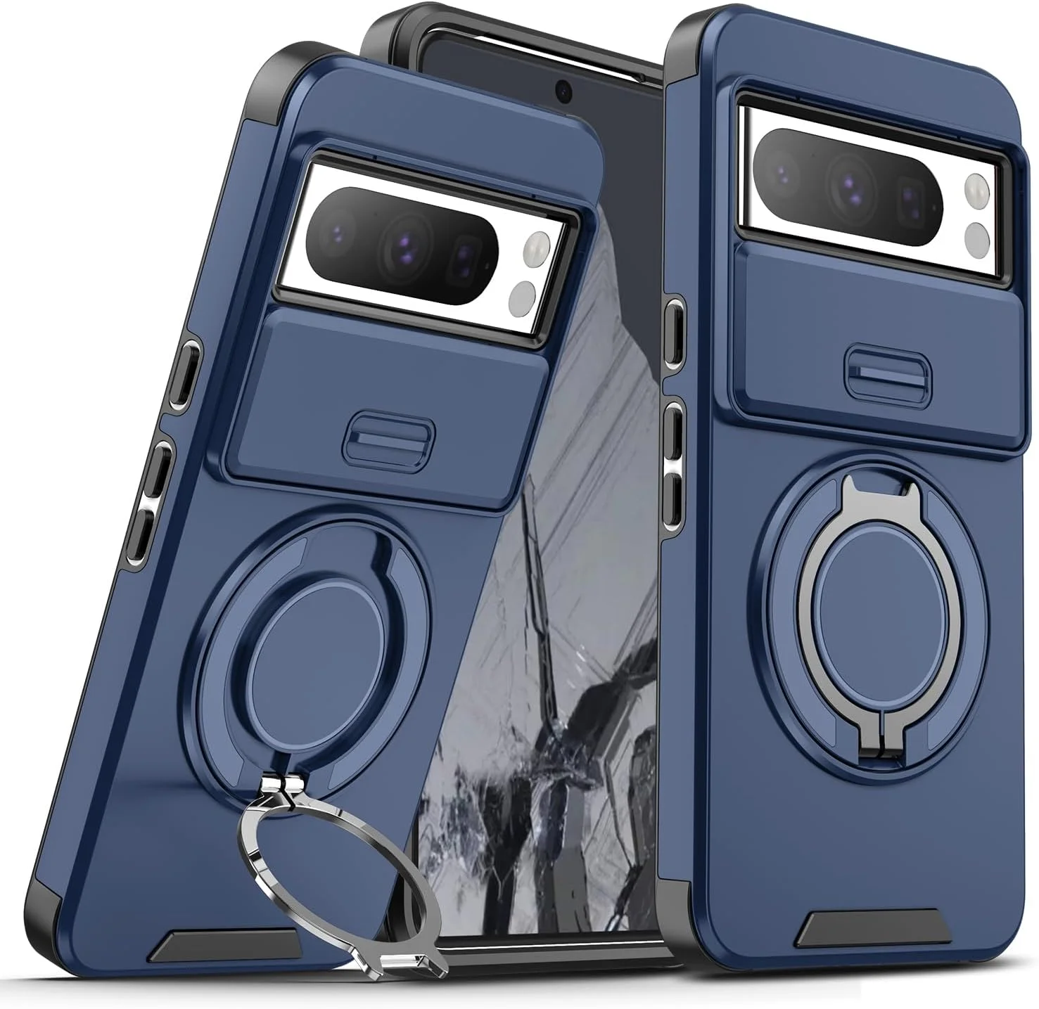 قاب محافظ گوشی سازگار با گوگل پیکسل 9A: دارای پوشش کشویی لنز دوربین، حلقه انگشتی و استند - محافظت کامل و ضد ضربه برای بدنه گوشی (آبی)