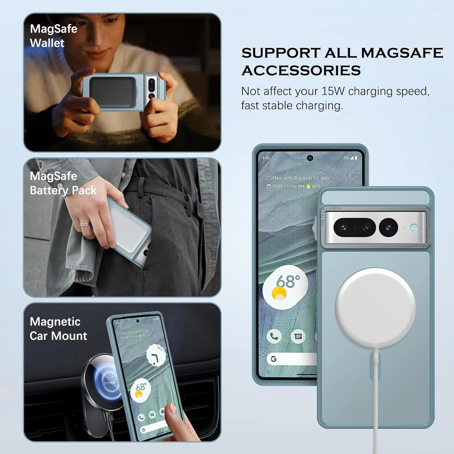 قاب مغناطیسی YINLAI برای گوگل پیکسل 7 پرو [سازگار با Magsafe] پشتیبانی از شارژ بی سیم، قاب باریک و ضد ضربه برای گوگل پیکسل 7 پرو، آبی خاکستری