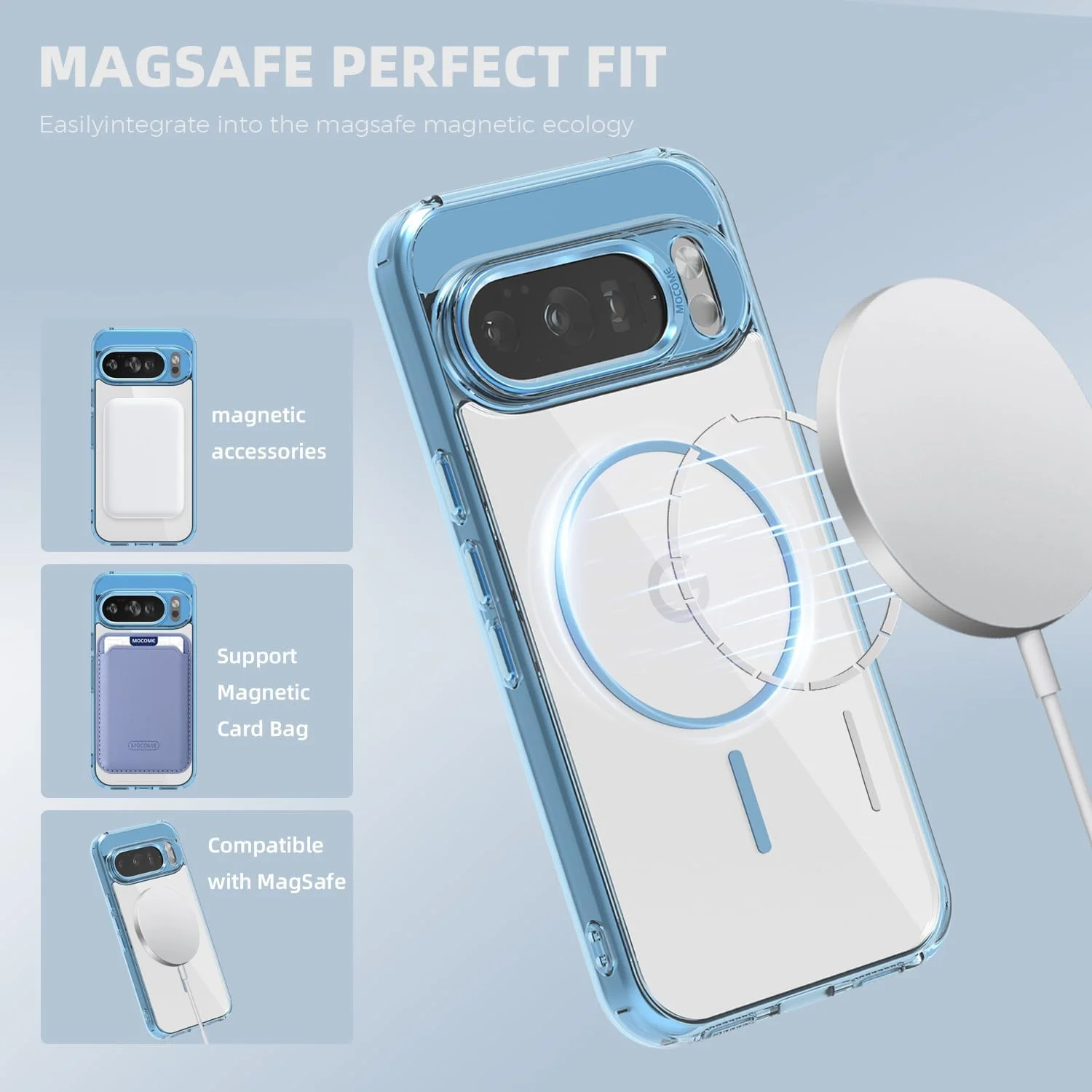 قاب محافظ شفاف گوشی گوگل پیکسل 10 پرو/پیکسل 10، 6.3 اینچی، سازگار با فناوری مگ‌سیف، مقاوم در برابر زرد شدن، آبی روشن