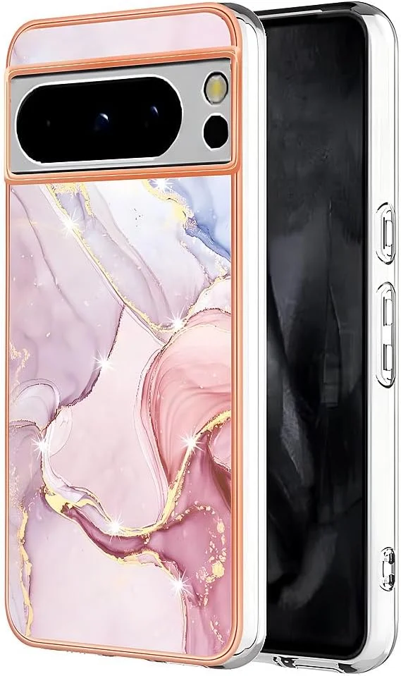 کاور گوشی گوگل پیکسل 9 / پیکسل 9 پرو / پیکسل 9 پرو XL، طرح مرمر زیبا، کاور سخت با لبه طلایی ممتاز، فوق العاده نازک، ضد گرد و غبار و ضد ضربه (گوگل پیکسل 9/9 پرو، صورتی)