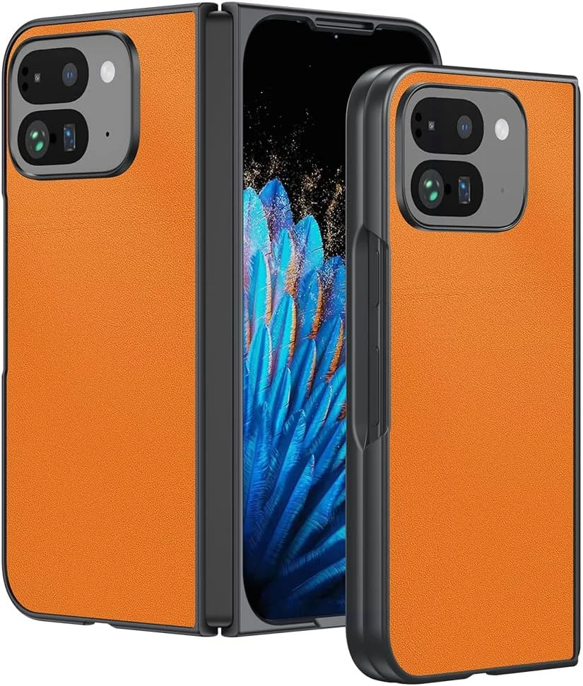 کاور محافظ چرمی با بافت فیبر کربن Gruattreay سازگار با گوشی گوگل پیکسل 9 پرو فولد (نارنجی)، ضد ضربه و بسیار نازک