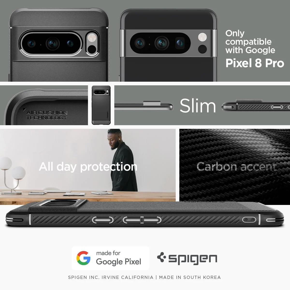 کاور محافظ ضد ضربه Spigen Rugged Armor مناسب برای گوشی Google Pixel 8 PRO - مشکی مات