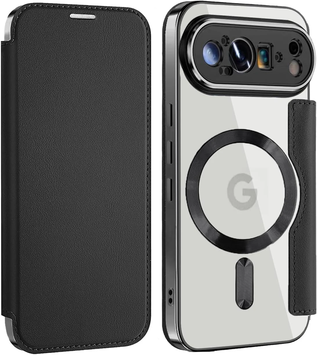 کیف مگنتی برای گوگل پیکسل 9 پرو XL با سایز 6.8 اینچ، کیف پول چرمی PU با جای کارت مسدود کننده RFID، کاور تاشو، سازگار با شارژر مگ‌سیف، کیف گوشی ضد ضربه، شفاف مگنتی - مشکی