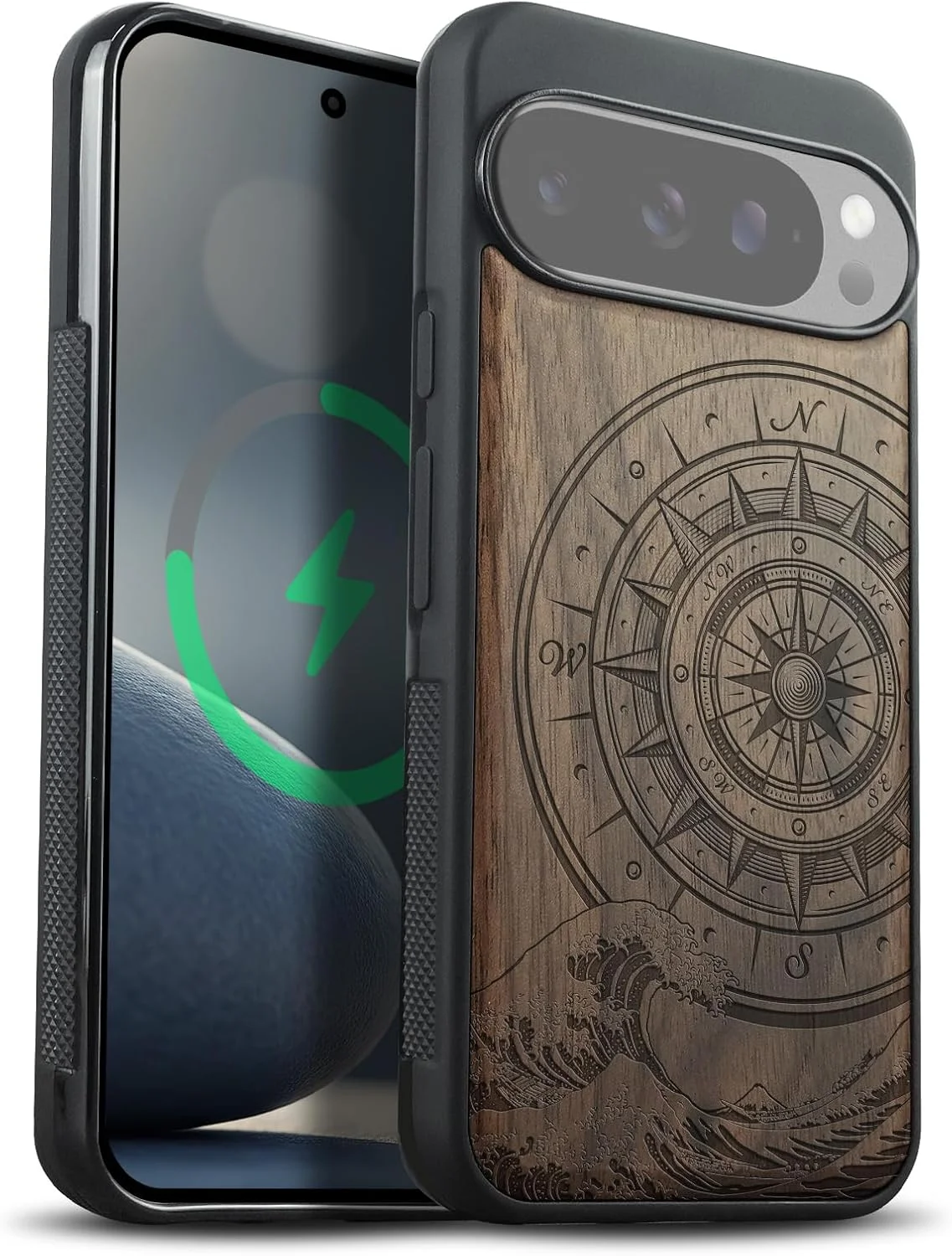 قاب چوبی سازگار با مگ‌سیف Carveit برای گوشی پیکسل 10 پرو XL، کاور چوبی با آهنربا برای محافظ گوگل پیکسل 10 پرو XL، بامپر TPU مقاوم (گردویی - قطب‌نما خارج از امواج بزرگ)