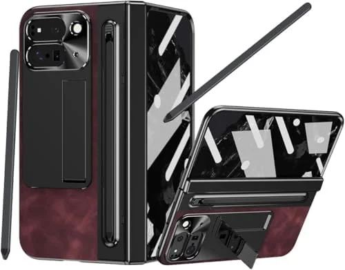 کاور چرمی محافظ لولای گوشی گوگل پیکسل 9 پرو فولد به همراه جای قلم و محافظ صفحه نمایش (قهوه ای مایل به قرمز)