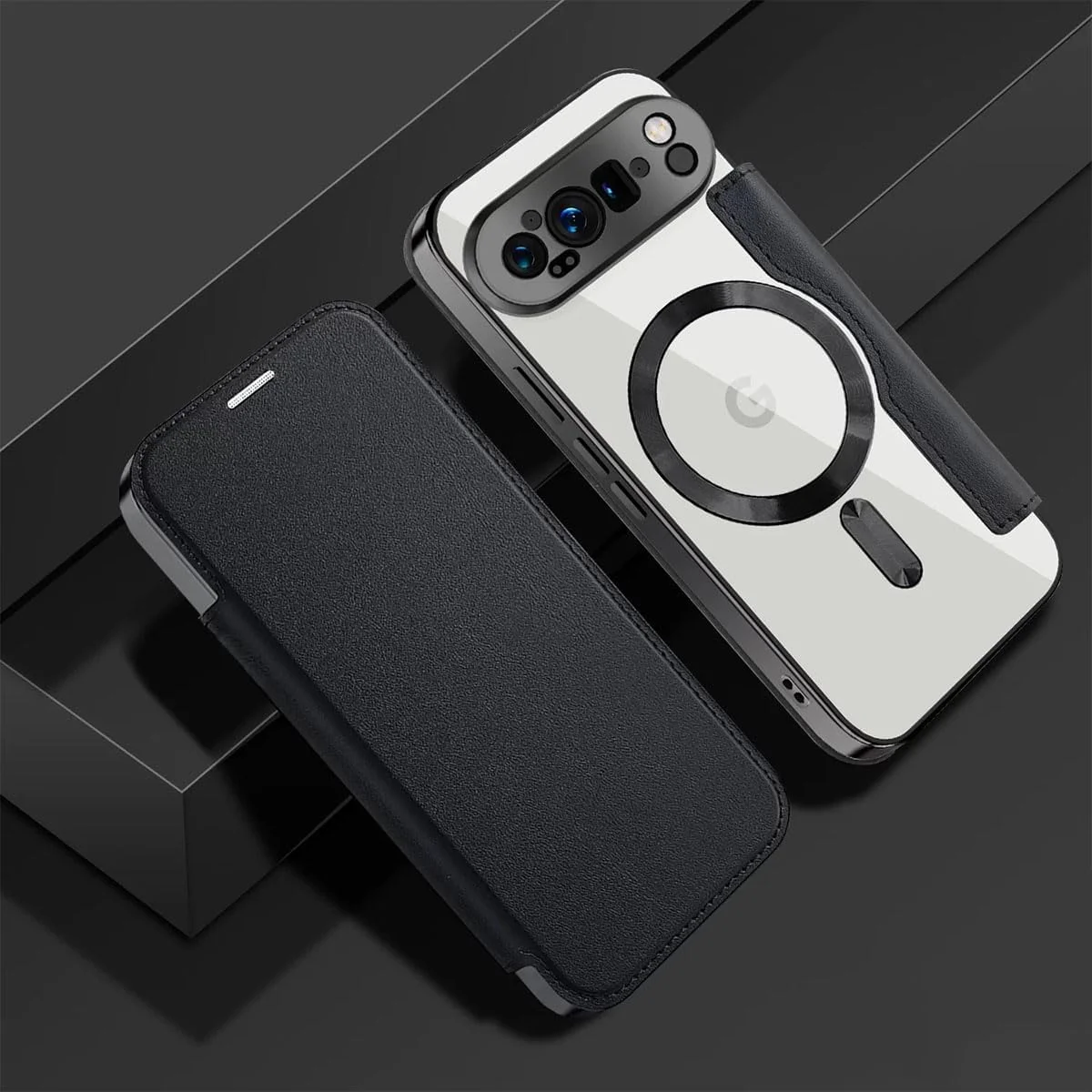 کیف مگنتی برای گوگل پیکسل 9 پرو XL با سایز 6.8 اینچ، کیف پول چرمی PU با جای کارت مسدود کننده RFID، کاور تاشو، سازگار با شارژر مگ‌سیف، کیف گوشی ضد ضربه، شفاف مگنتی - مشکی