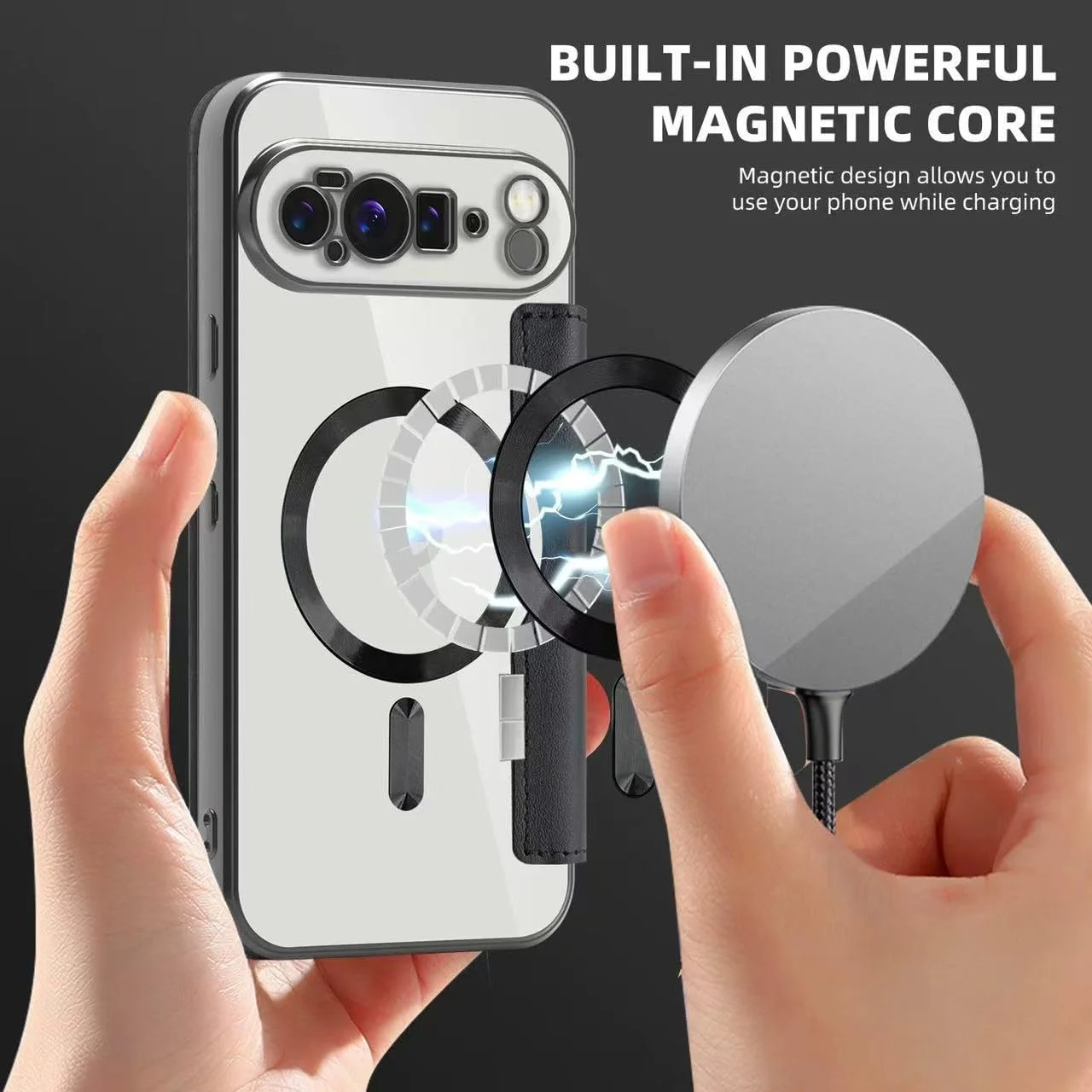 کیف مگنتی برای گوگل پیکسل 9 پرو XL با سایز 6.8 اینچ، کیف پول چرمی PU با جای کارت مسدود کننده RFID، کاور تاشو، سازگار با شارژر مگ‌سیف، کیف گوشی ضد ضربه، شفاف مگنتی - مشکی