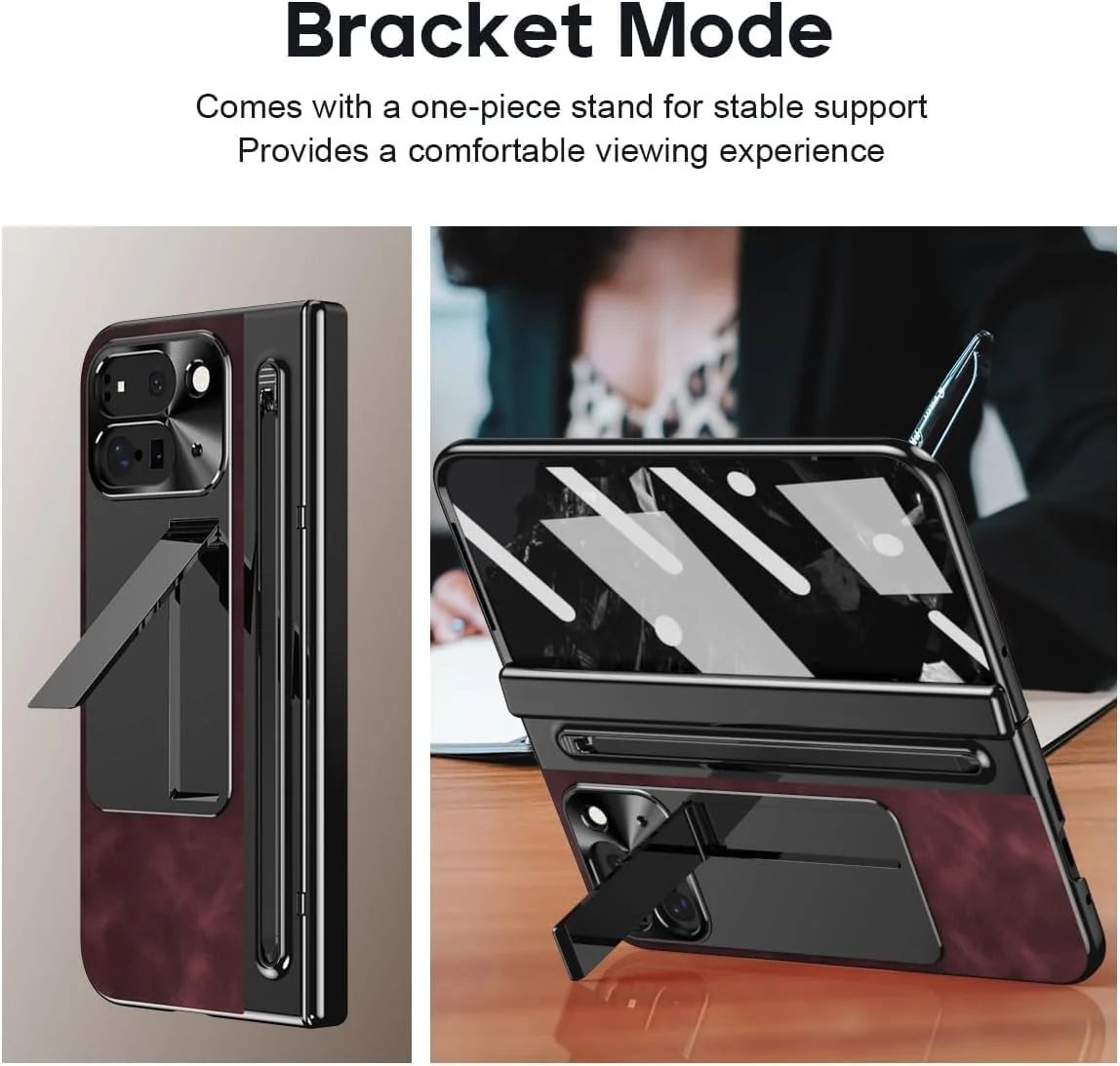 کاور چرمی محافظ لولای گوشی گوگل پیکسل 9 پرو فولد به همراه جای قلم و محافظ صفحه نمایش (قهوه ای مایل به قرمز)