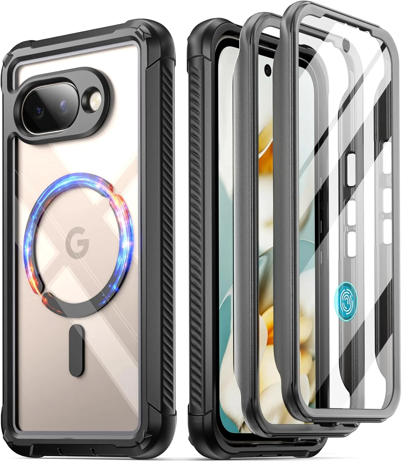 قاب محافظ کامل بدنه POETIC Guardian MagPro برای گوگل پیکسل 9A 5G، [سازگار با MagSafe] [کارکرد با شناسه اثر انگشت]، [2 فریم جلویی] همراه با محافظ صفحه نمایش داخلی، مشکی/شفاف