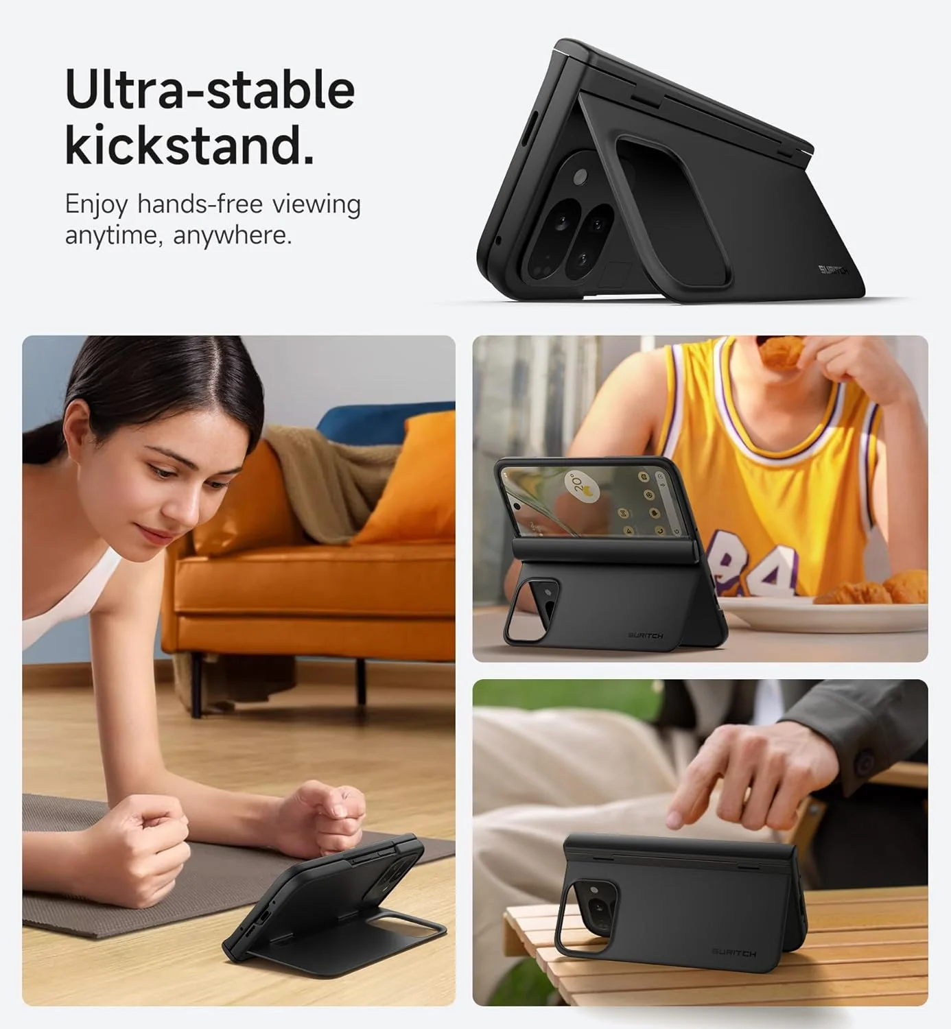 کاور محافظ گوشی سوریتچ سازگار با گوگل پیکسل 9 پرو فولد، با پایه تاشو و محافظ صفحه نمایش، باریک، مقاوم و ضد ضربه - مشکی