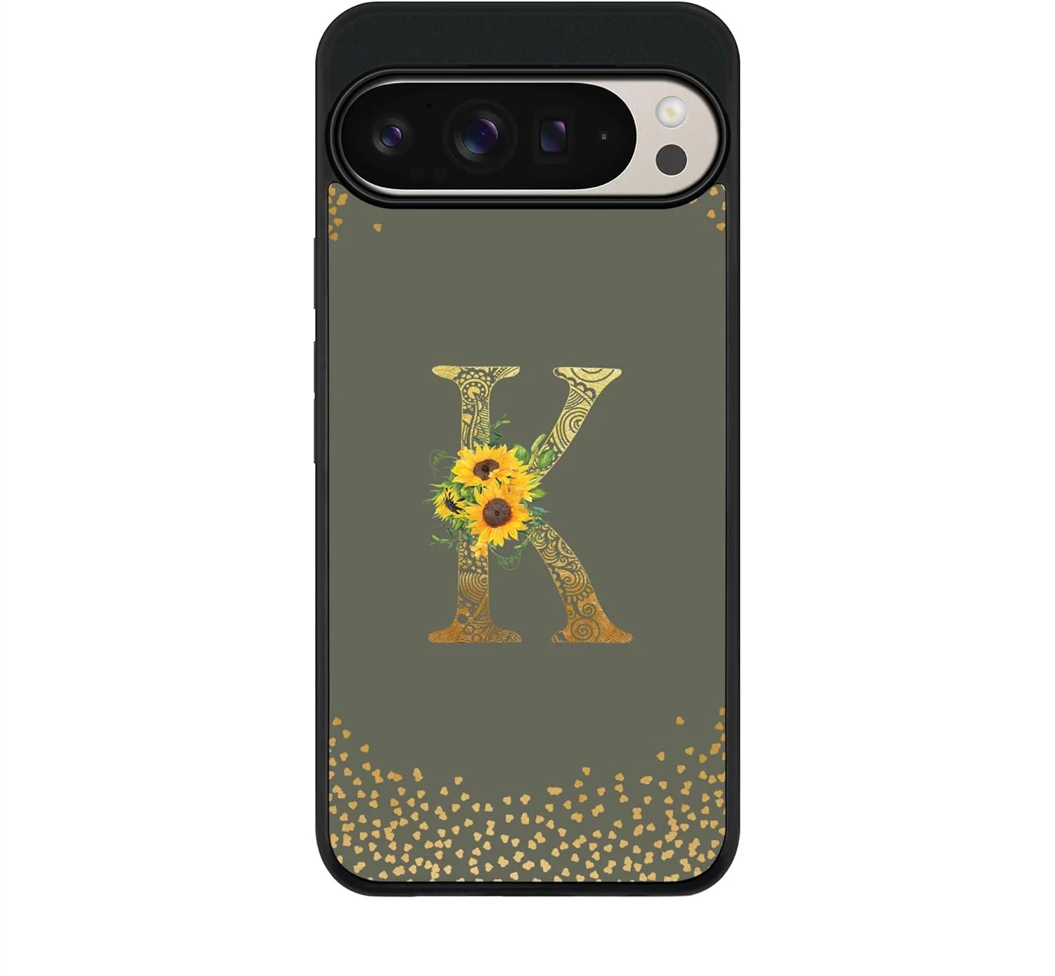 کاور محافظ گوشی گوگل پیکسل 9 پرو XL، طراحی مقاوم، باریک، محافظت از دوربین، ضد ضربه - طرح گلدار سفارشی - حرف K (سبز زیتونی)