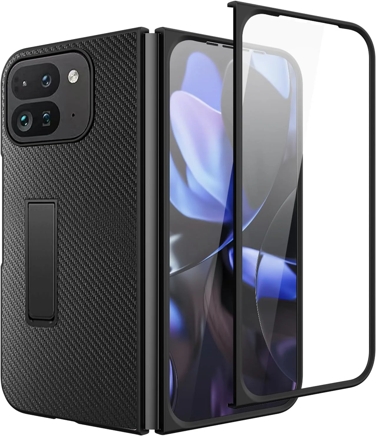 کیف چرمی Miimall برای گوشی Google Pixel 9 Pro Fold، [محافظ صفحه نمایش جلو] [پایه تاشو]، پوشش کامل بدنه از جنس چرم PU، ضد خش و ضد ضربه برای گوشی Pixel 9 Pro Fold - فیبر کربنی