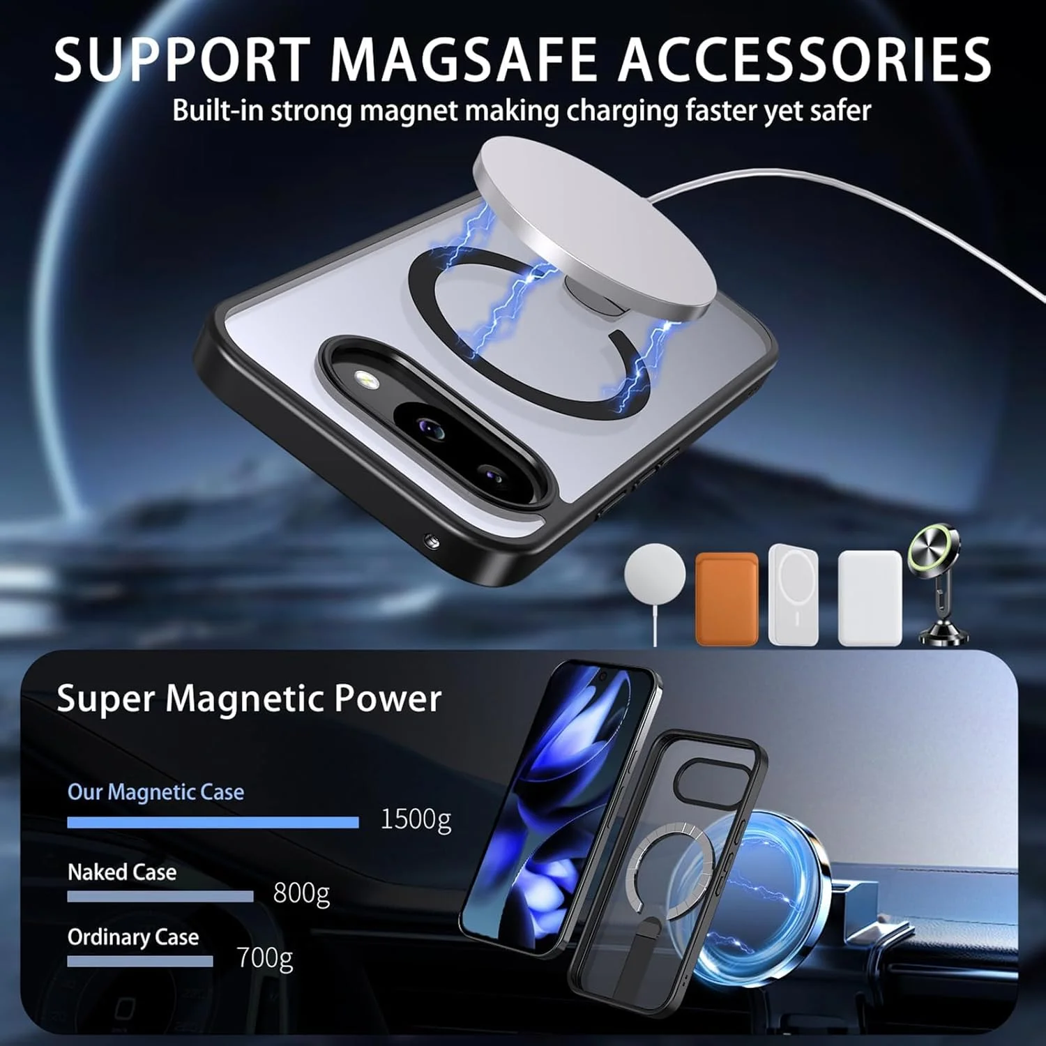 قاب گوشی مغناطیسی با پایه نامرئی برای گوگل پیکسل 10 پرو - سازگار با Mag-Safe، محافظت در برابر سقوط درجه نظامی، باریک، نیمه شفاف و ضد ضربه (مشکی)