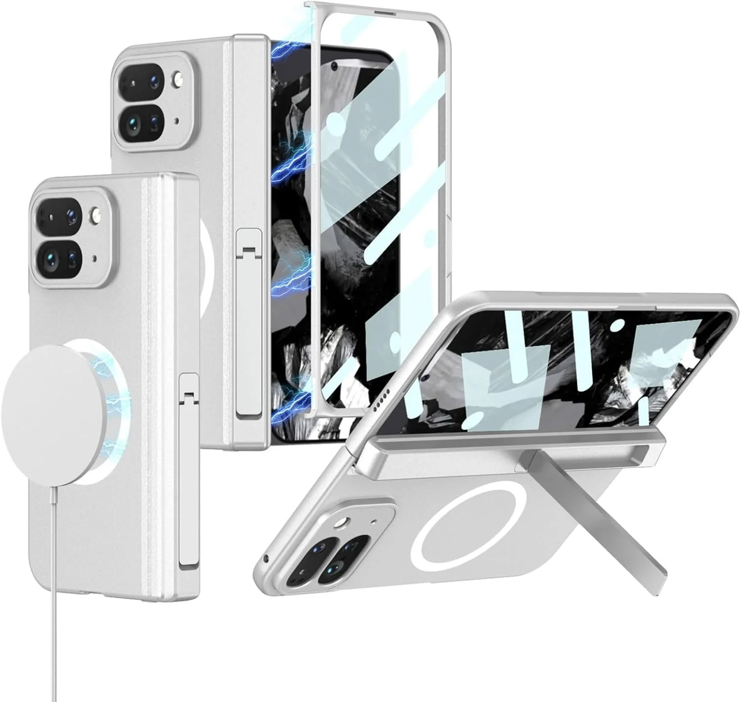 قاب محافظ ضد ضربه Gruattreay سازگار با Google Pixel 9 Pro Fold، [سازگار با Mag-Safe] به همراه محافظ صفحه نمایش، دارای پایه و محافظ لولا برای Pixel 9 Pro Fold 2024 (سفید)