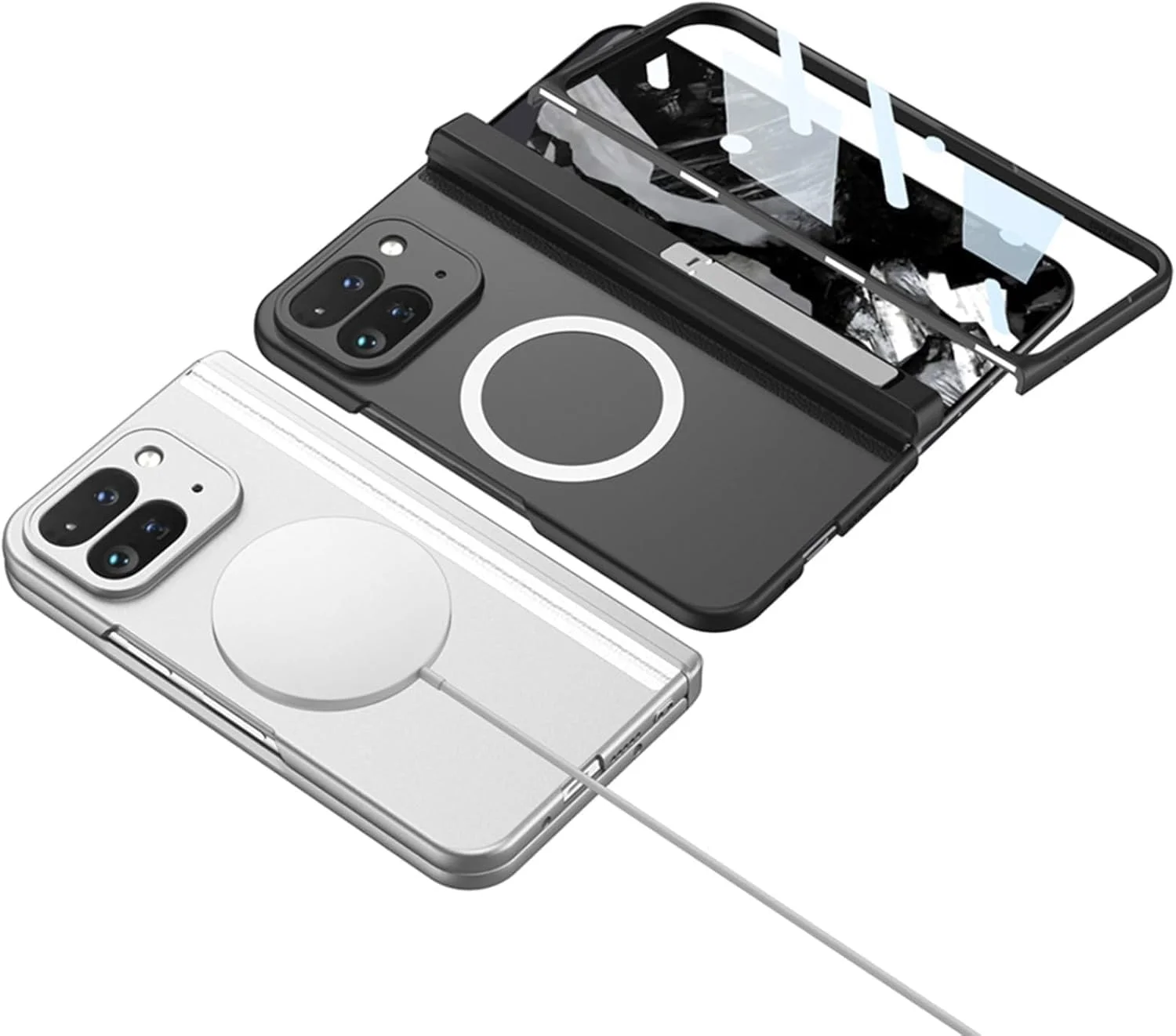 قاب محافظ ضد ضربه Gruattreay سازگار با Google Pixel 9 Pro Fold، [سازگار با Mag-Safe] به همراه محافظ صفحه نمایش، دارای پایه و محافظ لولا برای Pixel 9 Pro Fold 2024 (سفید)