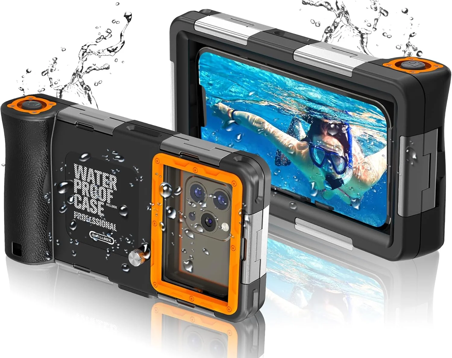 Underwater Phone Case for Snorkeling, Diving Phone Case for iPhone 16/15/14/13/12/11 Pro Max/XR/XS/X Samsung Galaxy S24/S23/S22/S21, Professional 50ft Underwater Photo Video Cover, Black+Orange
