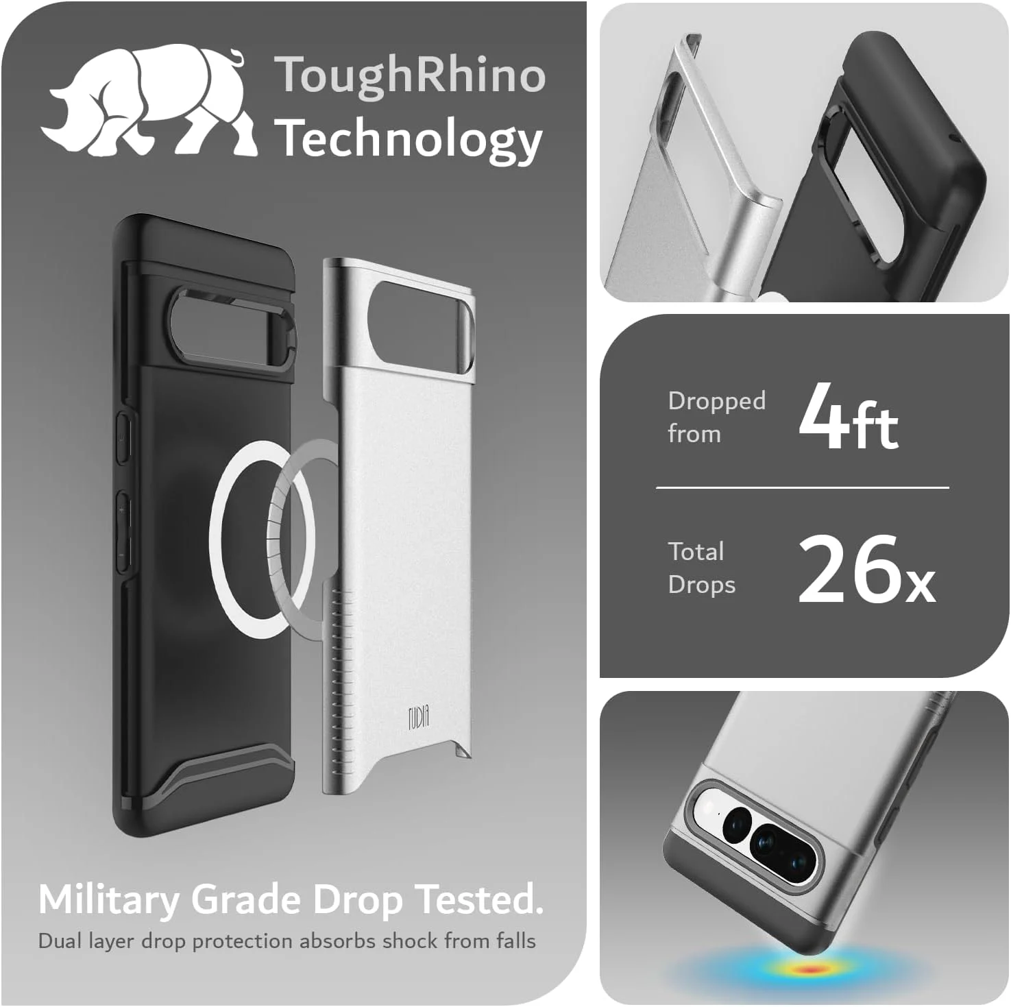 کاور محافظ دو لایه و مقاوم TUDIA Merge سازگار با Magsafe، طراحی شده برای گوشی گوگل پیکسل 7 پرو (2022) - ضد ضربه و باریک - رنگ خاکستری متالیک