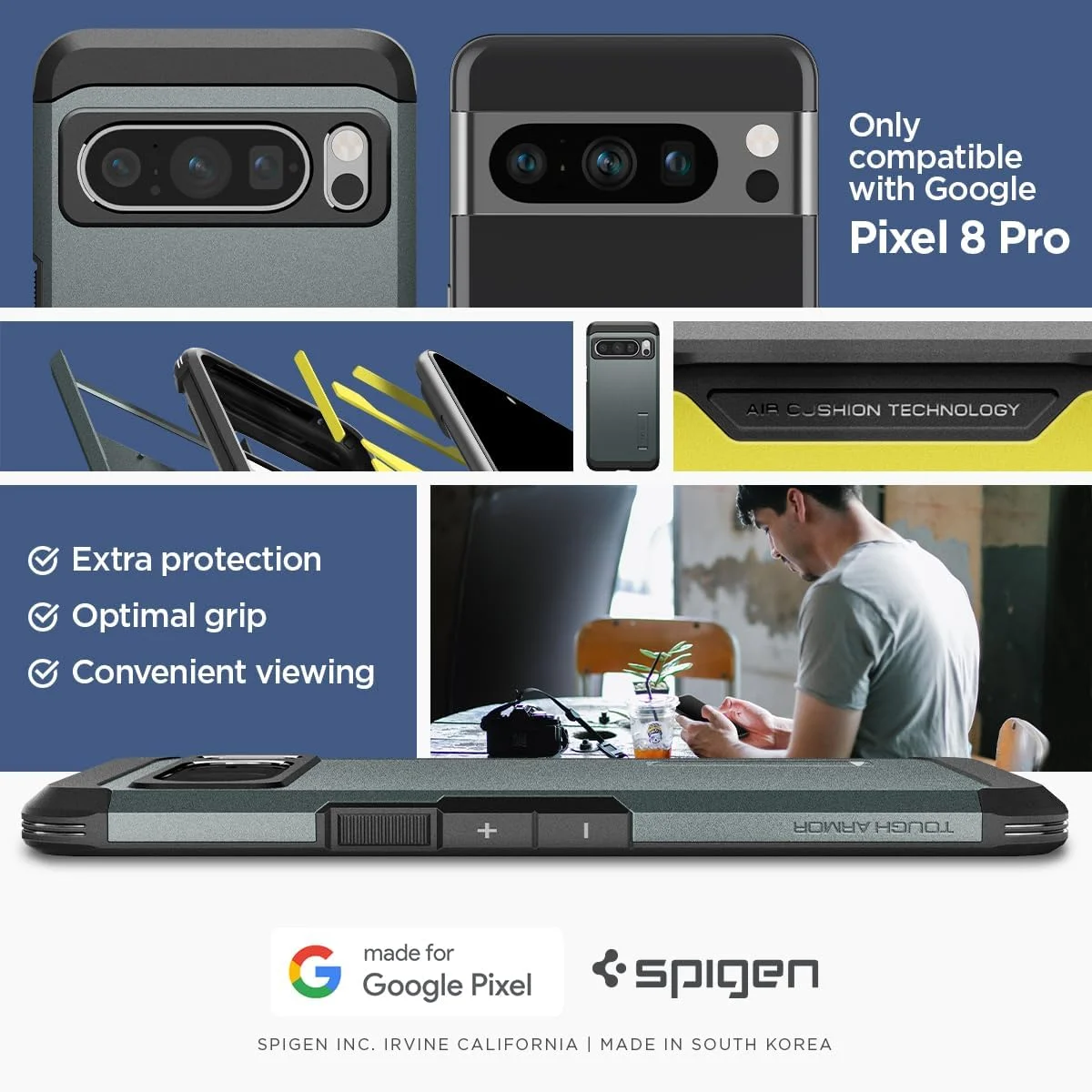 کاور محافظ گوشی گوگل پیکسل 8 پرو مدل Spigen Tough Armor با فوم ضربه گیر - سبز آبی