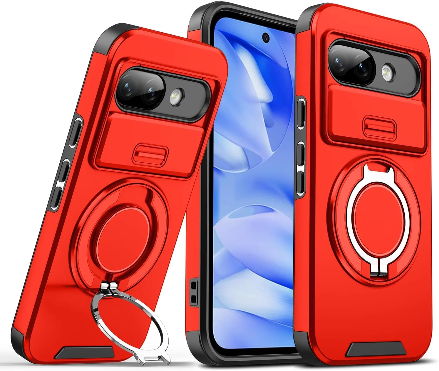 قاب محافظ گوشی گوگل پیکسل 9A با استند، قاب محافظ مغناطیسی ضد ضربه و مقاوم، به همراه پوشش دوربین (قرمز)