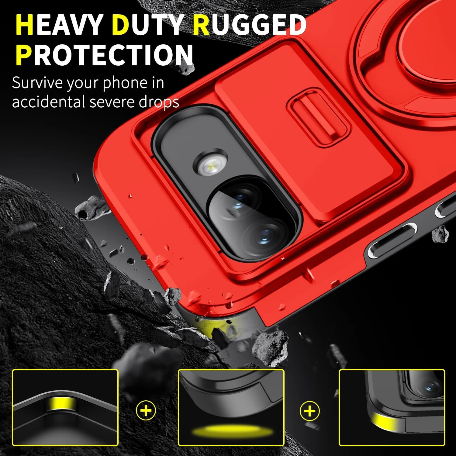 قاب محافظ گوشی گوگل پیکسل 9A با استند، قاب محافظ مغناطیسی ضد ضربه و مقاوم، به همراه پوشش دوربین (قرمز)