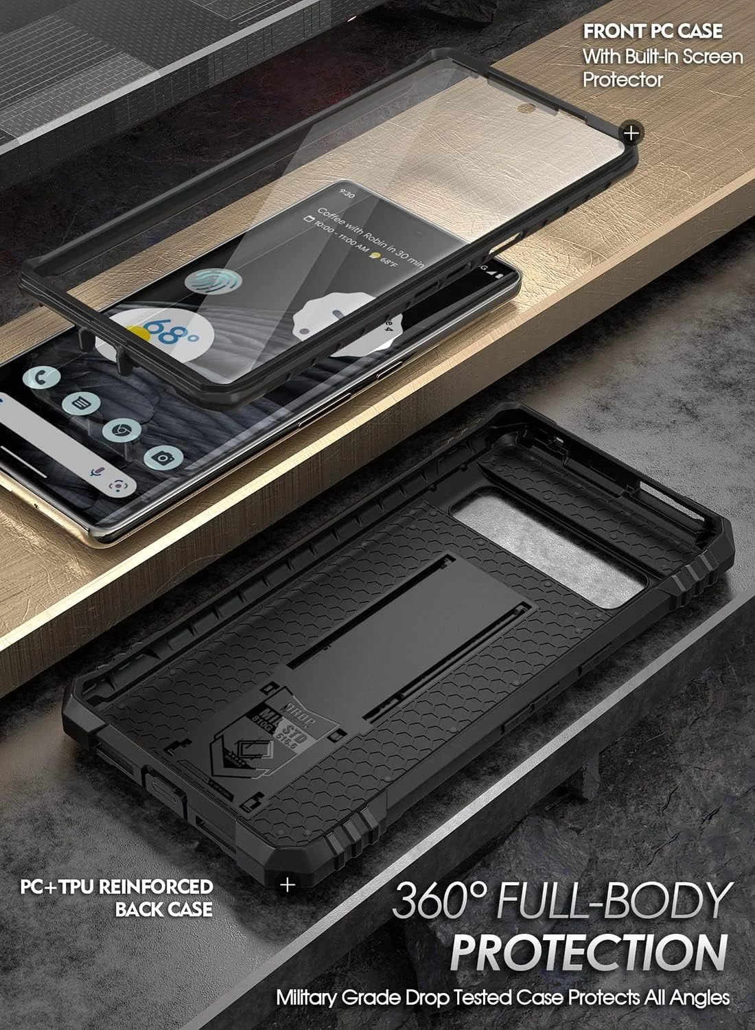 کاور محافظتی مقاوم و ضد ضربه Poetic Revolution سازگار با پیکسل 7 پرو 5G، کاور محافظ تمام بدنه با پایه نگهدارنده و محافظ صفحه نمایش داخلی، سازگار با شناسه اثر انگشت، مشکی