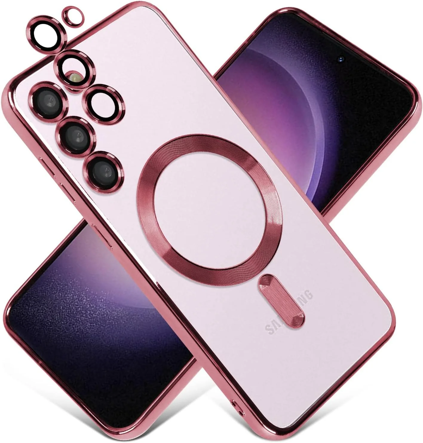 قاب محافظ مغناطیسی گوشی سامسونگ گلکسی اس 23 پلاس به همراه محافظ لنز دوربین، باریک و شفاف، سازگار با مگ‌سیف، مناسب برای گوشی سامسونگ گلکسی اس 23 پلاس 6.6 اینچ (صورتی)