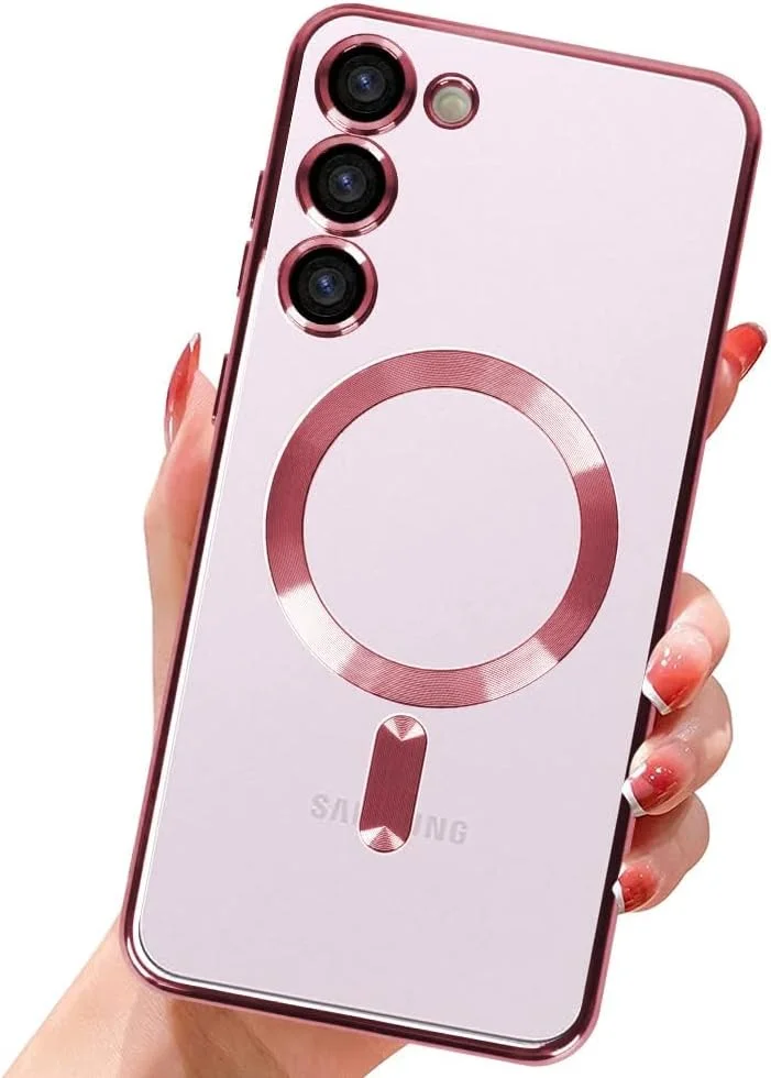قاب محافظ مغناطیسی گوشی سامسونگ گلکسی اس 23 پلاس به همراه محافظ لنز دوربین، باریک و شفاف، سازگار با مگ‌سیف، مناسب برای گوشی سامسونگ گلکسی اس 23 پلاس 6.6 اینچ (صورتی)
