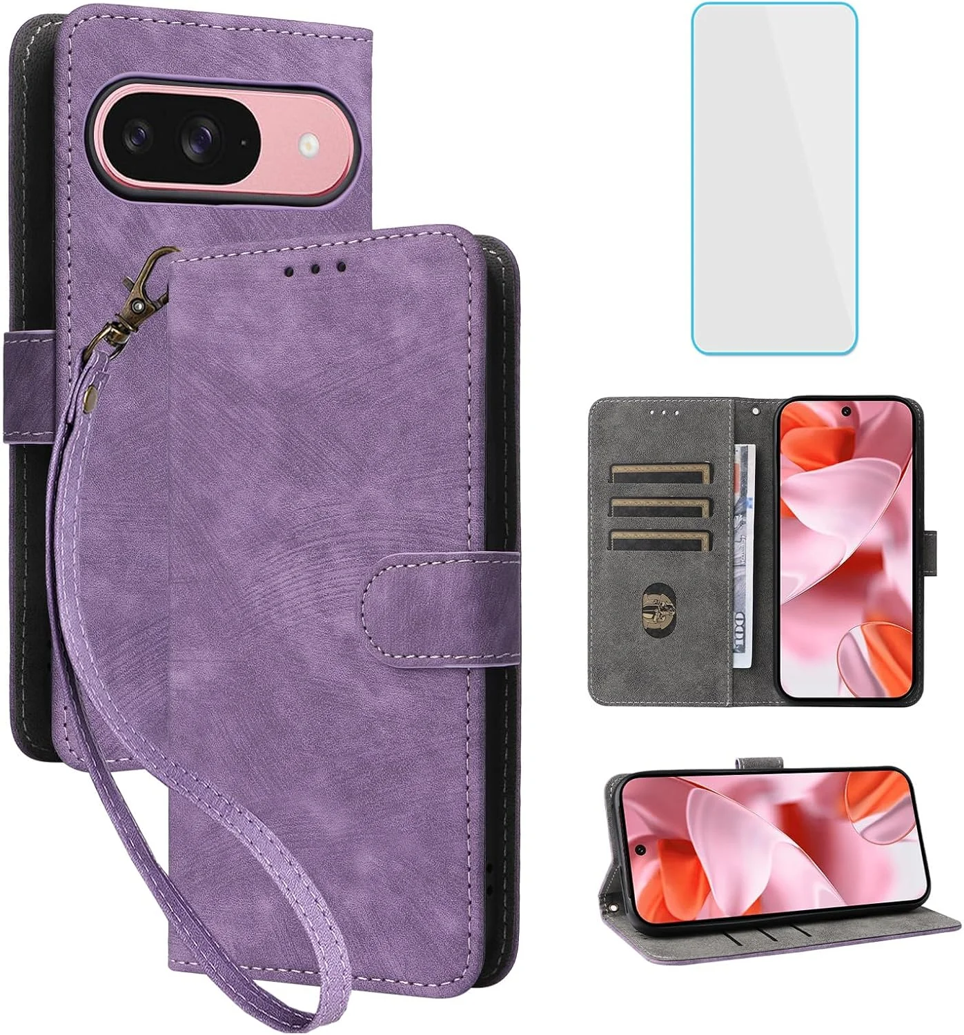 کیف پول گوشی موبایل گوگل پیکسل 9/پیکسل 9 پرو به همراه محافظ صفحه نمایش [مسدود کننده RFID]، کیف چرمی تاشو با پایه نگهدارنده کارت، مناسب برای خانم ها و آقایان، رنگ بنفش، مخصوص گوشی گوگل پیکسل 9 پرو