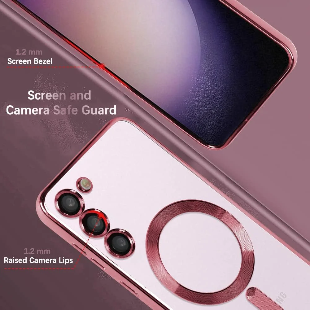 قاب محافظ مغناطیسی گوشی سامسونگ گلکسی اس 23 پلاس به همراه محافظ لنز دوربین، باریک و شفاف، سازگار با مگ‌سیف، مناسب برای گوشی سامسونگ گلکسی اس 23 پلاس 6.6 اینچ (صورتی)