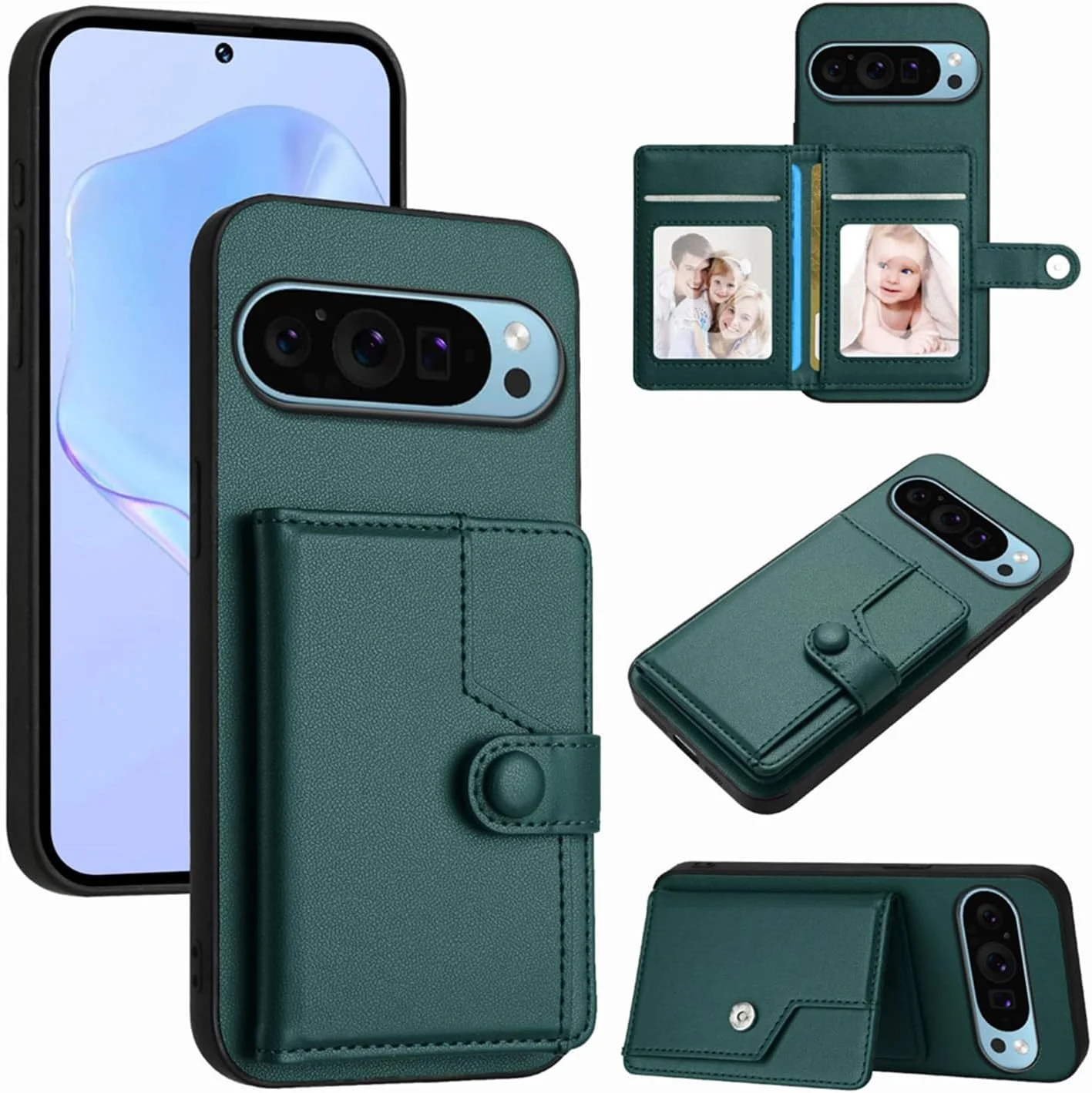 کیف محافظ گوشی گوگل پیکسل 9 پرو ایکس ال به همراه جای کارت، مسدود کننده RFID، پایه بادوام و قفل مغناطیسی، رنگ سبز مایل به سیاه