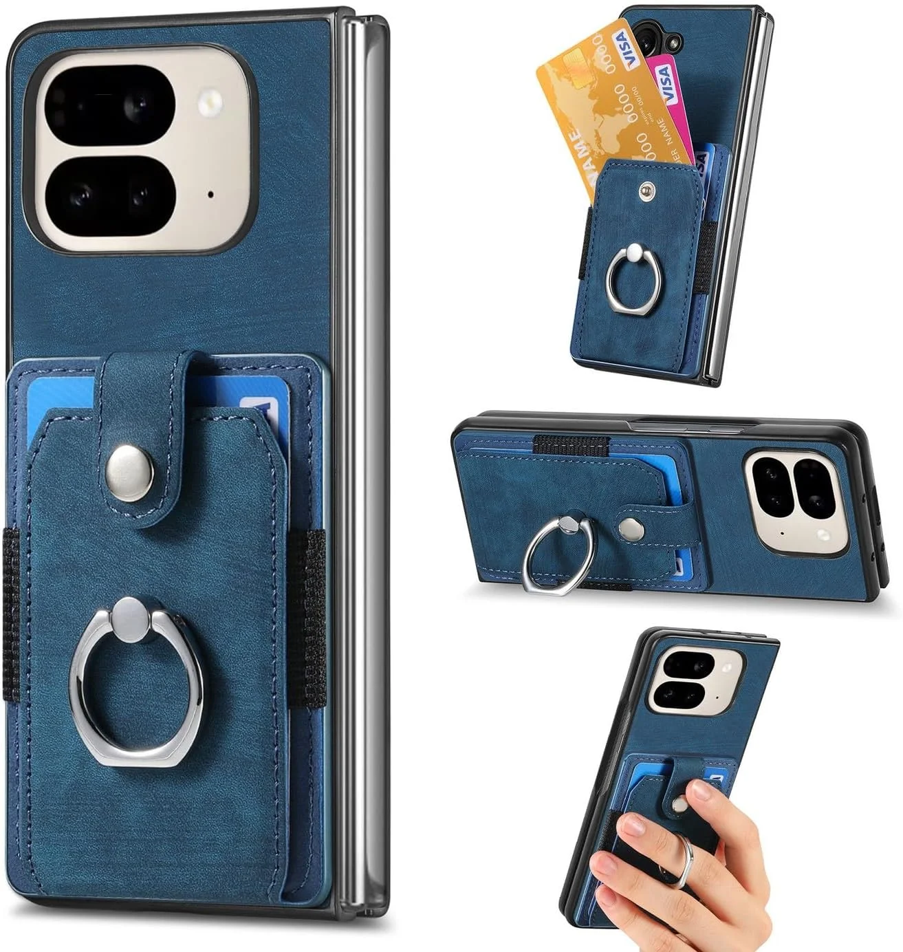 کیف پول گوشی گوگل پیکسل 9 پرو فولد، ضد ضربه با جای کارت، استند انگشتی، روکش چرمی PU، سپر TPU انعطاف پذیر، پایه نگهدارنده، پوشش محافظ ضد افتادن، آبی