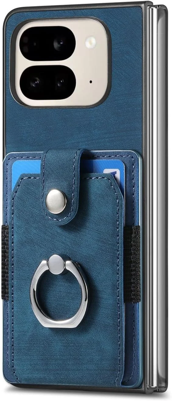 کیف پول گوشی گوگل پیکسل 9 پرو فولد، ضد ضربه با جای کارت، استند انگشتی، روکش چرمی PU، سپر TPU انعطاف پذیر، پایه نگهدارنده، پوشش محافظ ضد افتادن، آبی